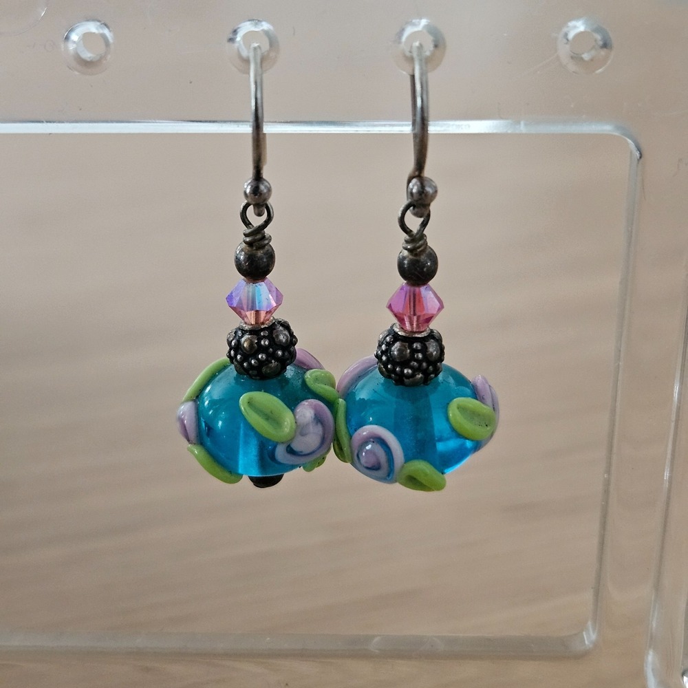 Sterling Silver VENETIAN Murano WEDDING CAKE pattern LAMPWORK drop EARRINGS